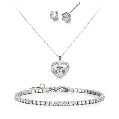 סט אהבה ♡ צמיד טניס משובץ + שרשרת לב משובצת + עגילים משובצים מכסף טהור S925 דגם ״איימי״