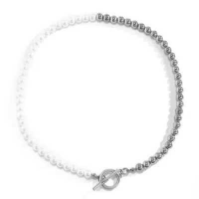 שרשרת כדורים בגוון כסף בשילוב פנינים