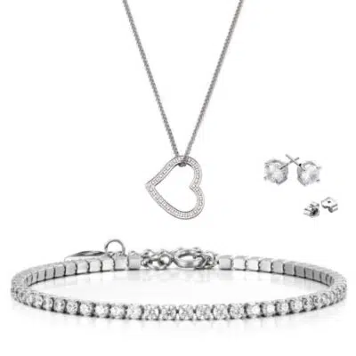 סט צמיד טניס משובץ + שרשרת לב משובצת + עגילים בשיבוץ קלאסי + Pierre Richardson Prj1141 + Prj9221
