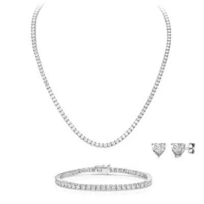 סט שרשרת + צמיד טניס משובץ + עגילי לב משובץ לנשים מכסף טהור S925