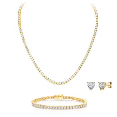 סט שרשרת + צמיד טניס משובץ + עגילי לב משובץ לנשים מכסף טהור S925 בציפוי זהב