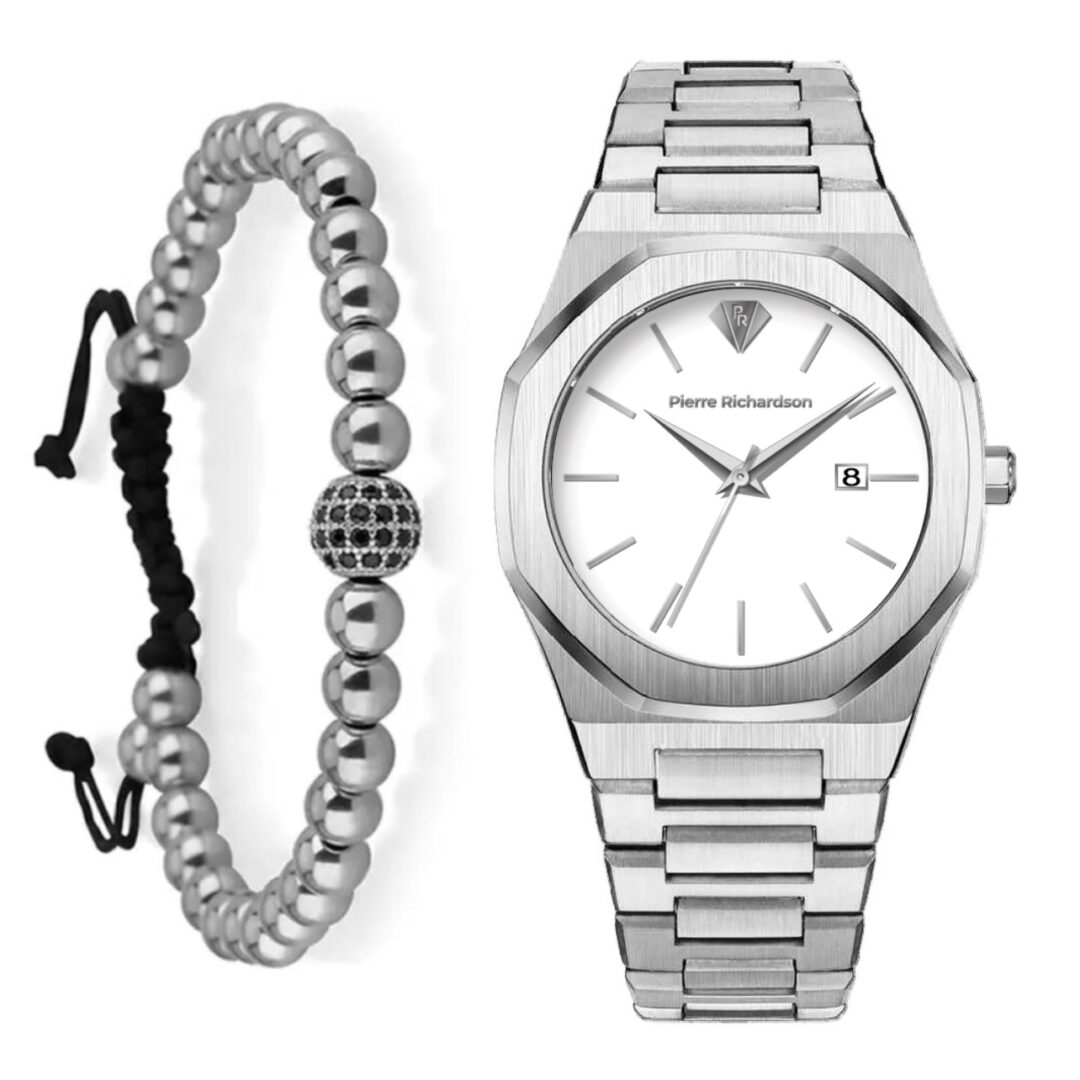 סט שעון וצמיד לגבר Pr5421 + צמיד כדורים כסף