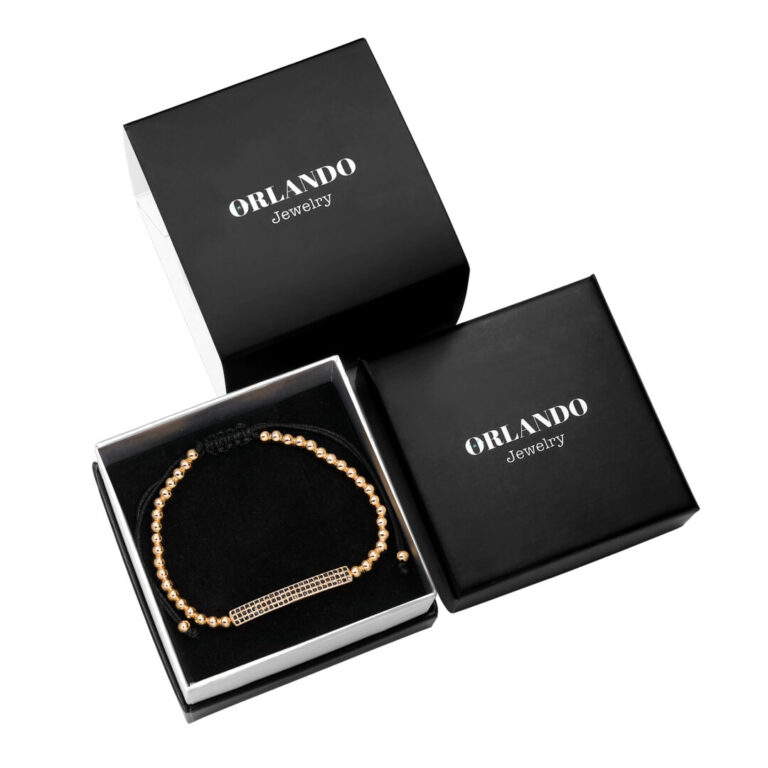 צמיד כדורים משובץ באבנים שחורות בגוון זהב לגבר - תמונה 2