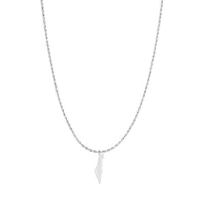 שרשרת חבלים ארוכה עם תליון מפת ארץ ישראל בגוון כסף