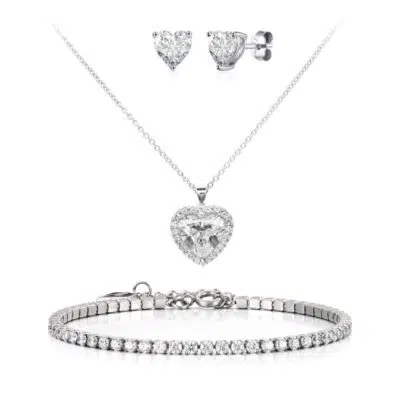 סט אהבה ♡ צמיד טניס משובץ + שרשרת לב משובצת + עגילים בצורת לב משובץ מכסף טהור S925