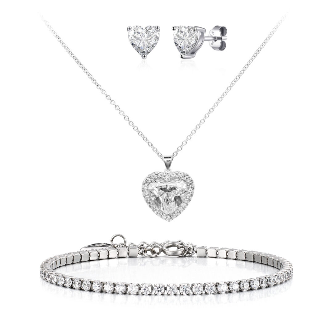 סט אהבה ♡ צמיד טניס משובץ + שרשרת לב משובצת + עגילים בצורת לב משובץ מכסף טהור S925