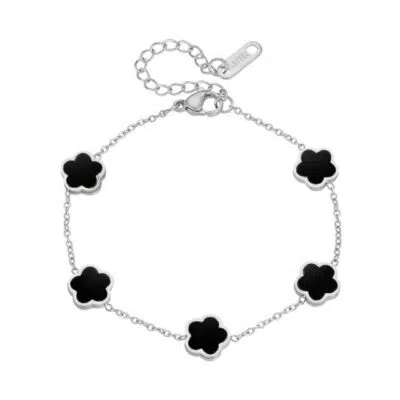 צמיד תלתן שחור בגוון כסף